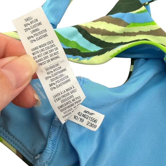 Aerie Scoop Bikini Top XS Retro Abstract Stripe Blue Green Padded Swimwear NWT - Picture 7 of 7